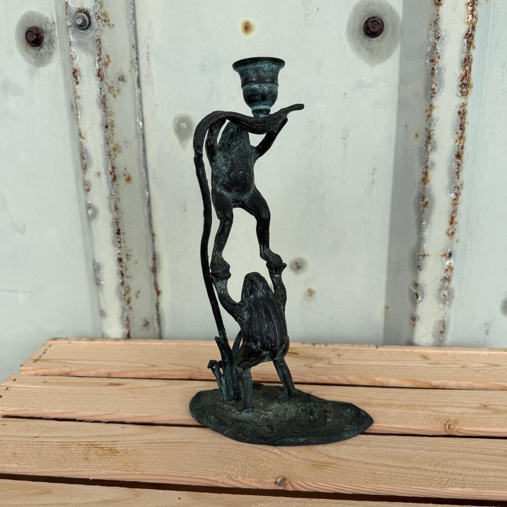 Vintage Bronze Frog on Lily Pad Candleholder